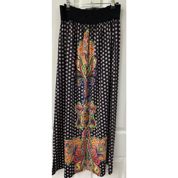 Magic black paisley boho hippie goth peasant maxi skirt elastic large vintage - Picture 3 of 4